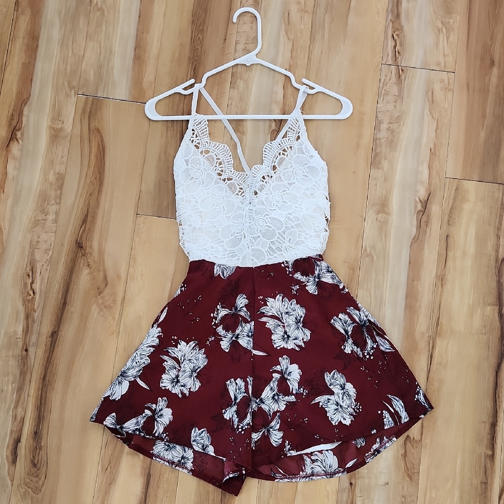 Zaful Burgundy and White Lace Romper